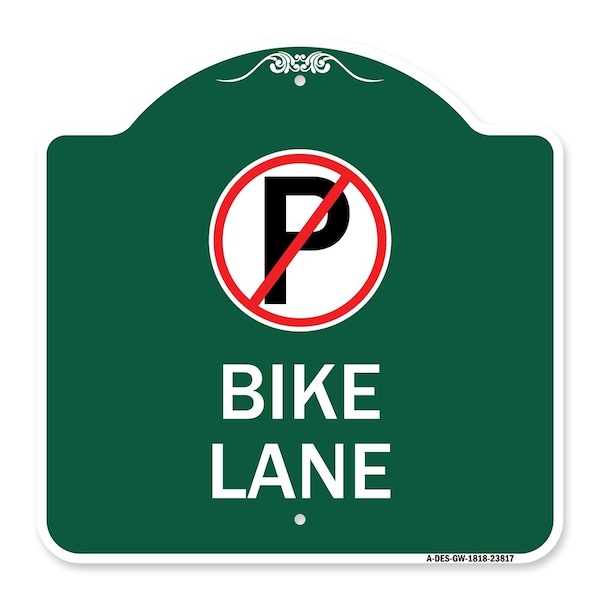 No Parking Symbol Bike Lane, Green & White Aluminum Architectural Sign, 18" x 18", GW-1818-23817